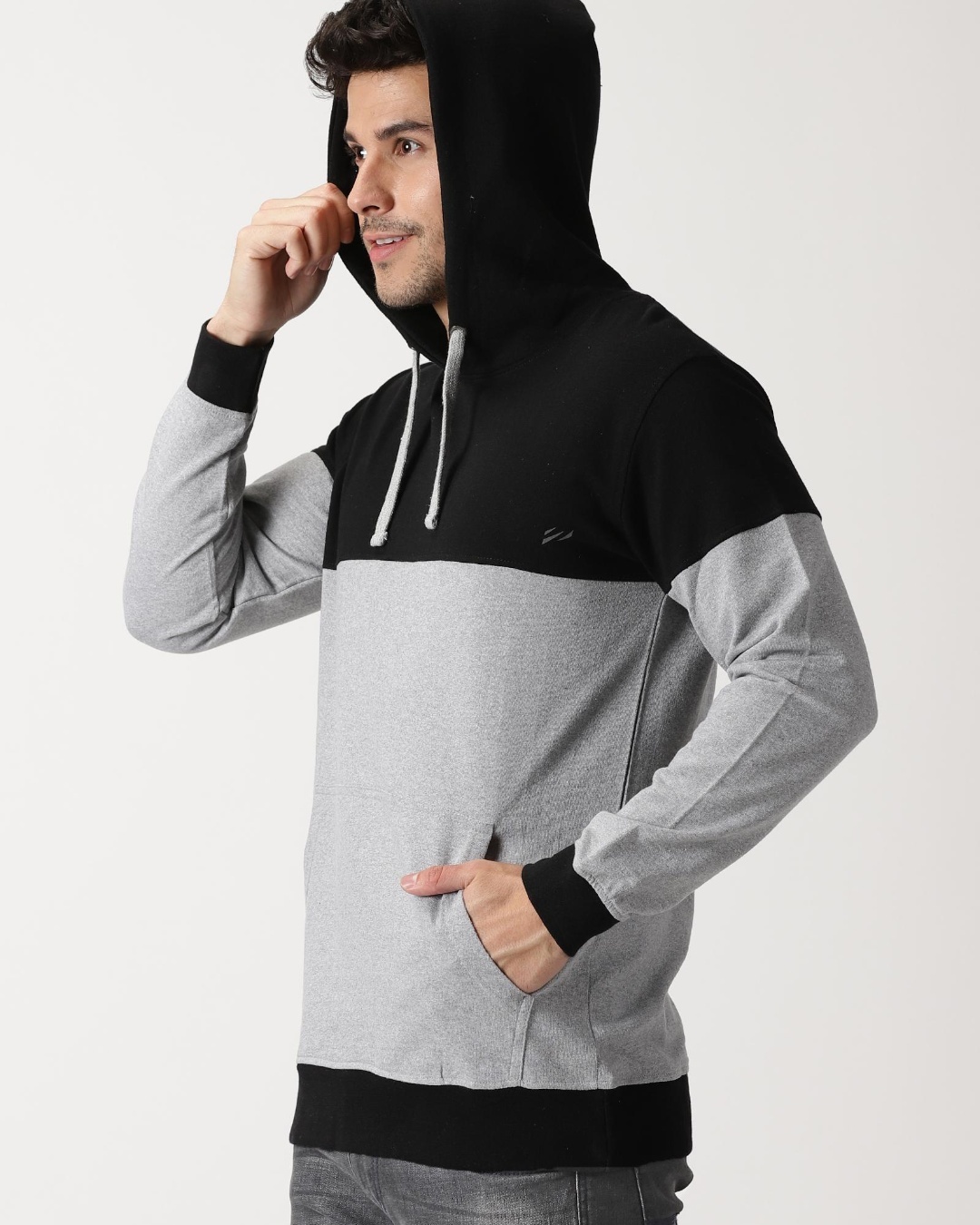 Buy Men's Grey & Black Color Block Hoodie Online at Bewakoof
