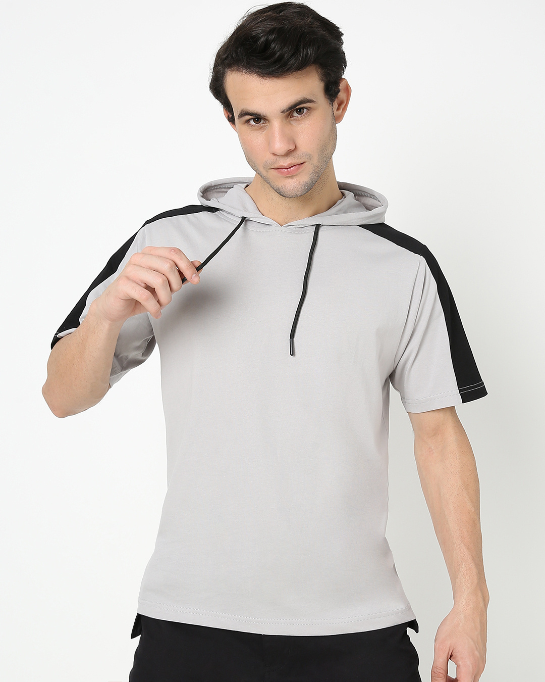 Shop Men's Grey & Black Color Block Plus Size Hoodie T-shirt-Back