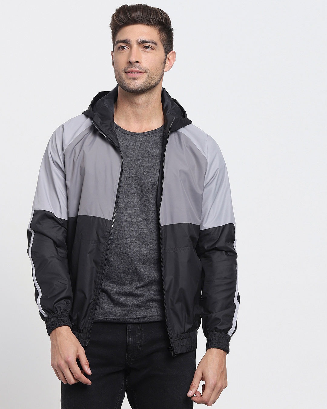 Buy Men's Grey & Black Colorblock Windcheater Jacket Online at Bewakoof