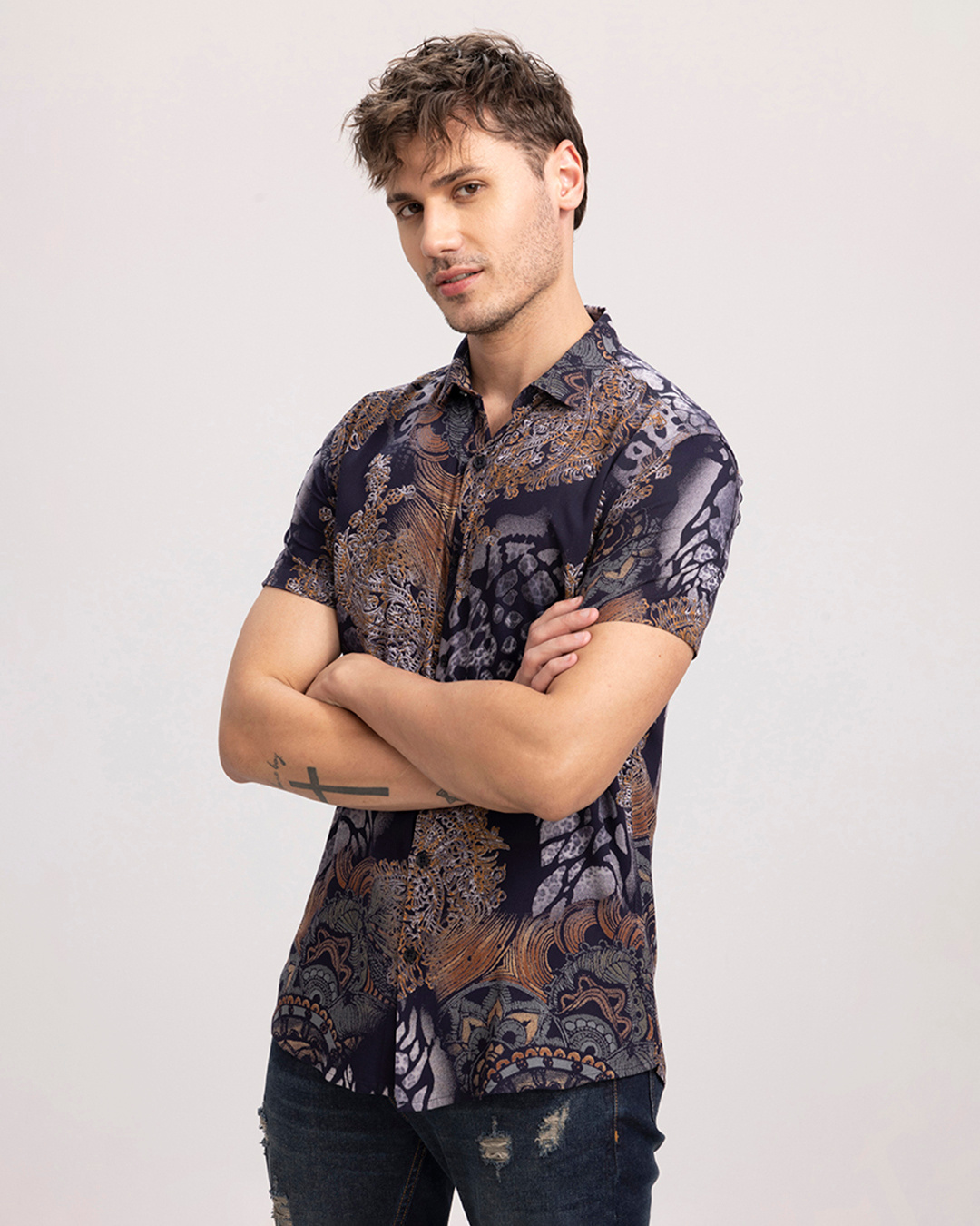 Shop Men's Grey & Blue All Over Paisley Printed Slim Fit Shirt-Back