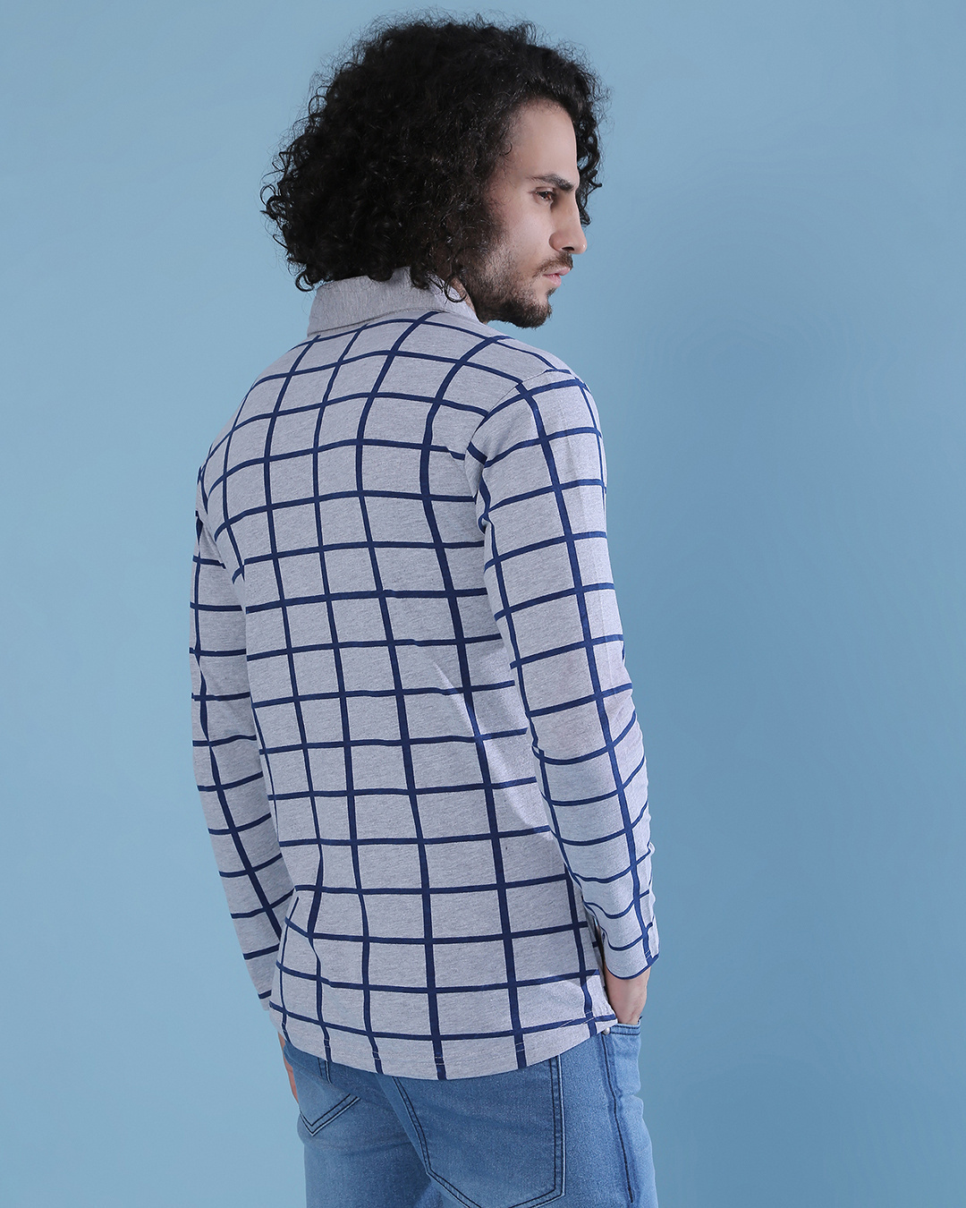 Shop Men's Grey & Blue Checkered Regular Fit Shirt-Back