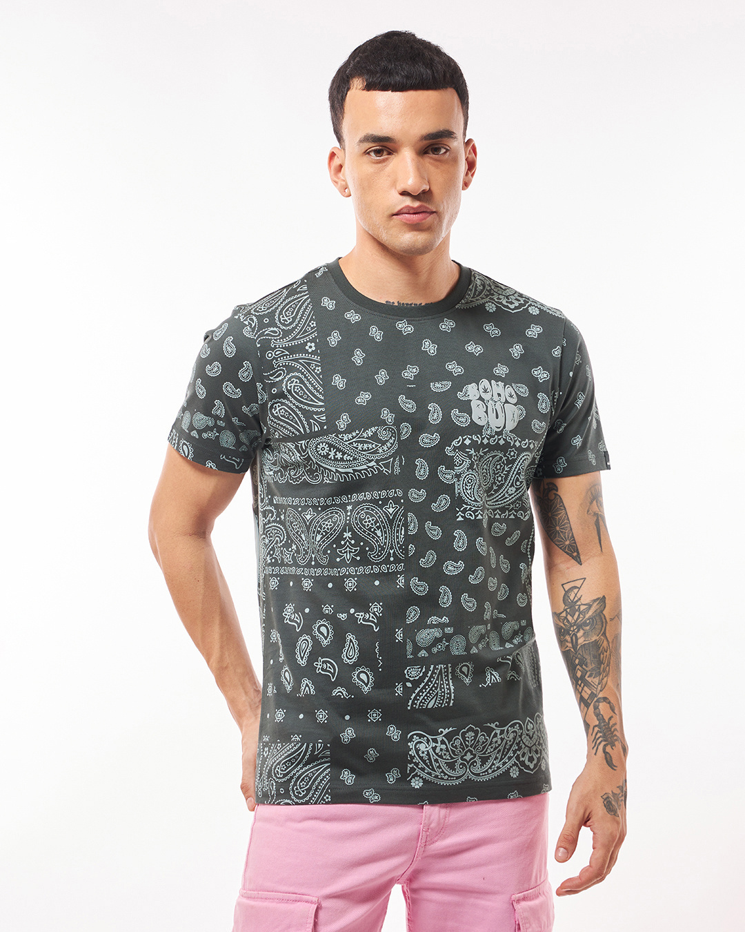 Shop Men's Grey Boho Bud All Over Printed T-shirt-Back