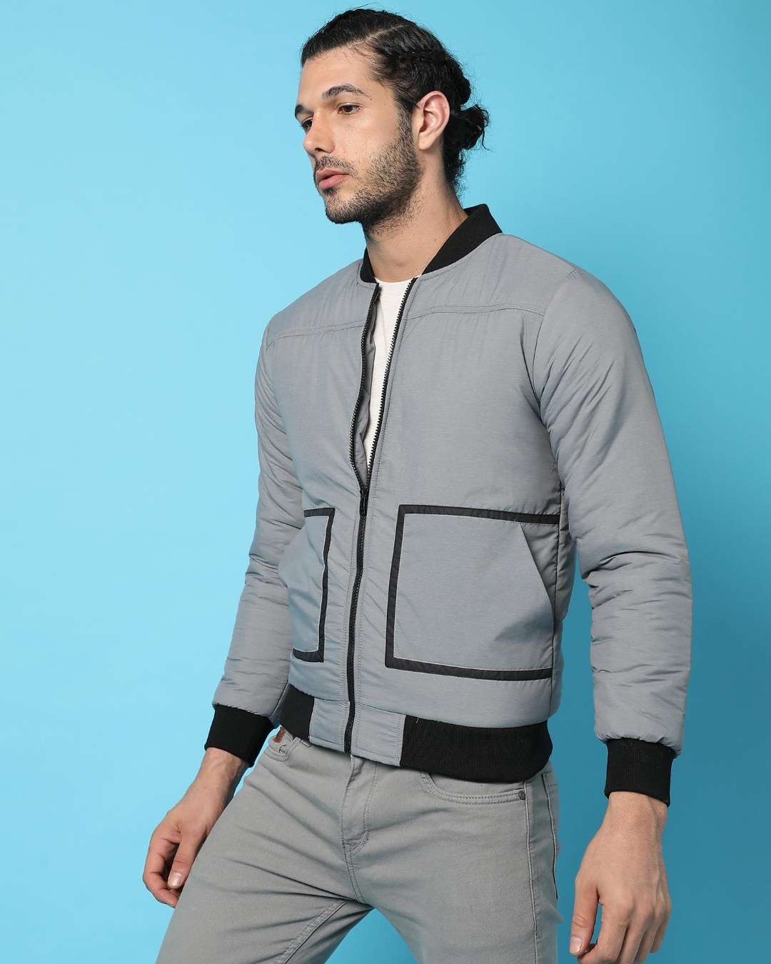 Shop Men's Grey Bomber Jacket-Back