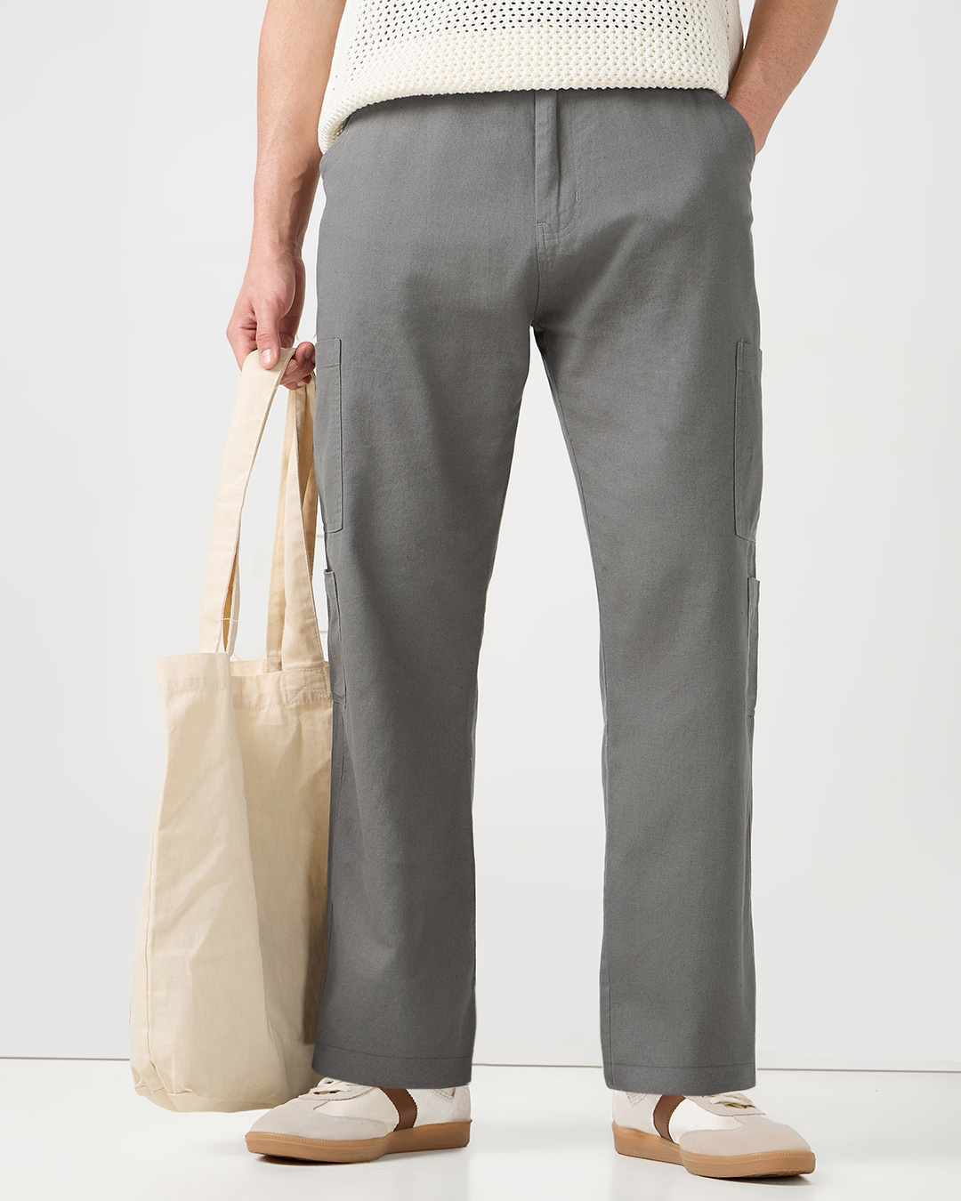 Shop Men's Grey Cargo Cotton Linen Pants-Back