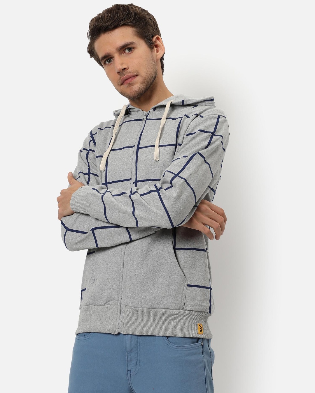 Shop Men's Grey Checked Hooded Sweatshirt-Back