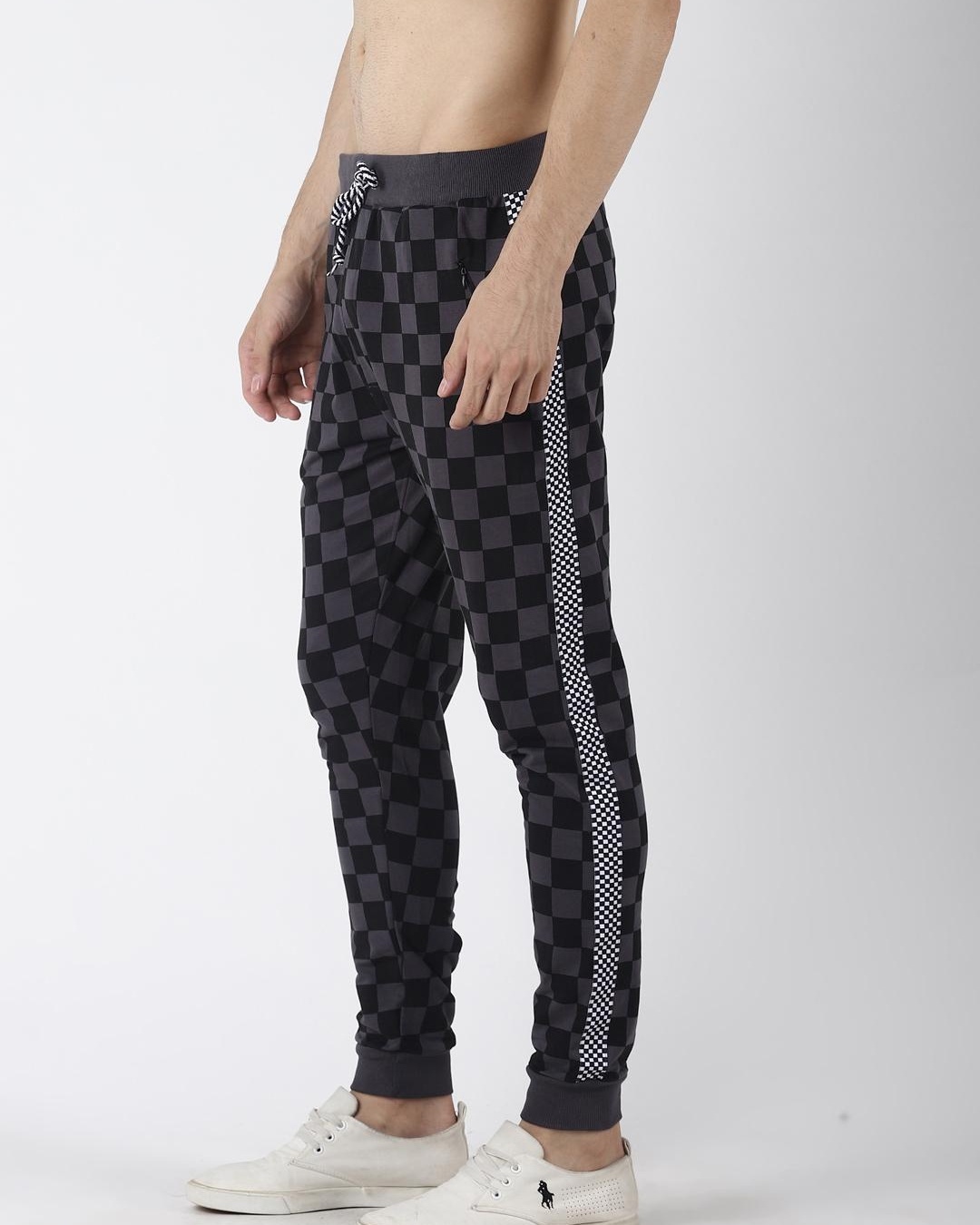 Shop Men's Grey Checked Joggers-Back