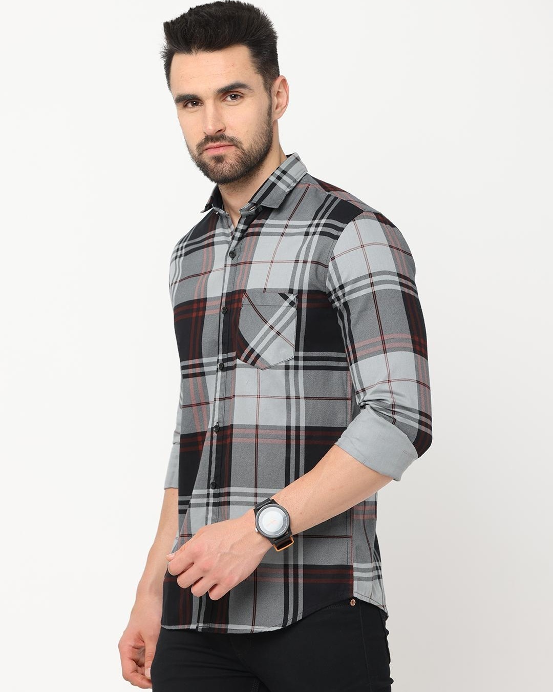 Shop Men's Grey Checked Slim Fit Shirt-Back