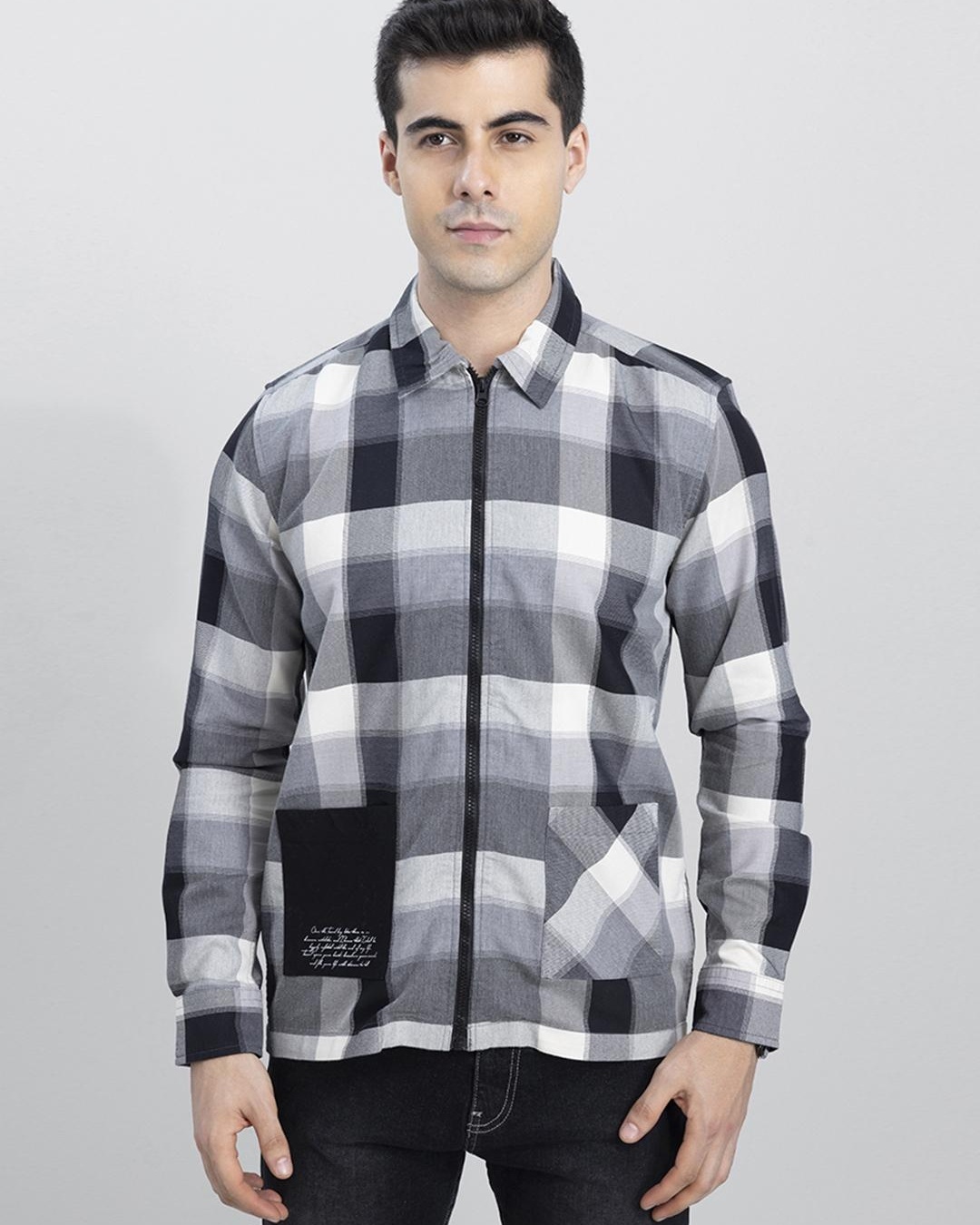 Buy Men's Grey Checked Slim Fit Zipper Shirt for Men Grey Online at ...