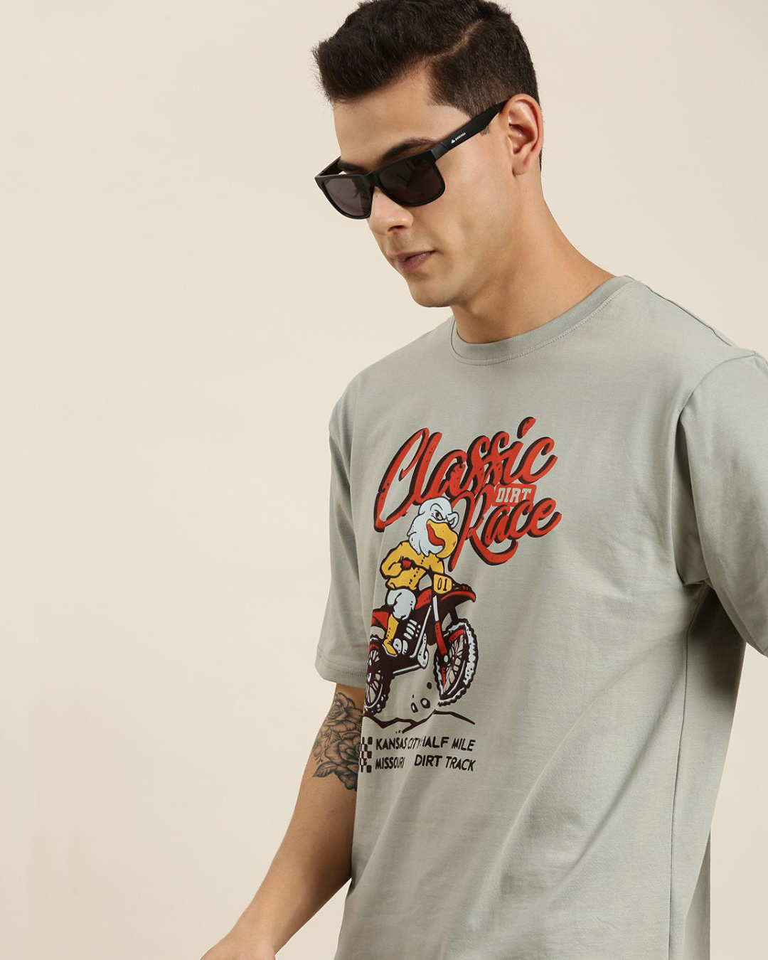 Shop Men's Grey Classic Race Graphic Printed Oversized T-shirt-Back