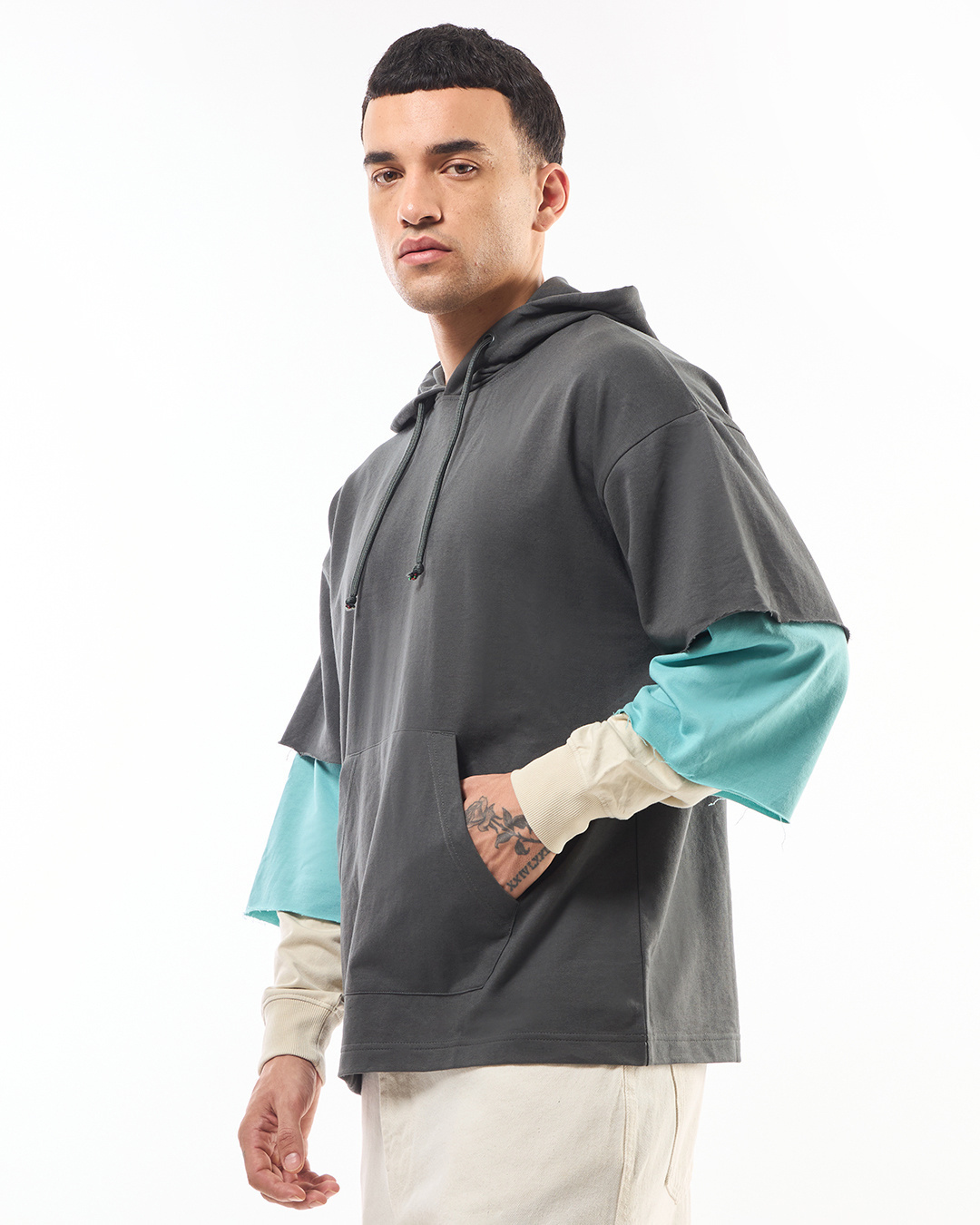 Shop Men's Grey Color Block Oversized Hooded T-shirt-Back