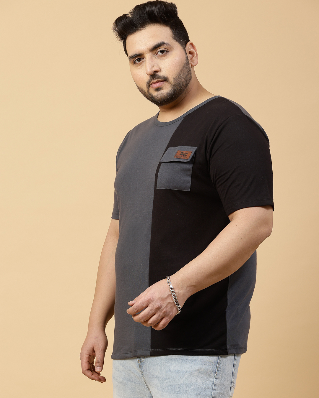 Shop Men's Grey & Black Color Block Plus Size T-shirt-Back