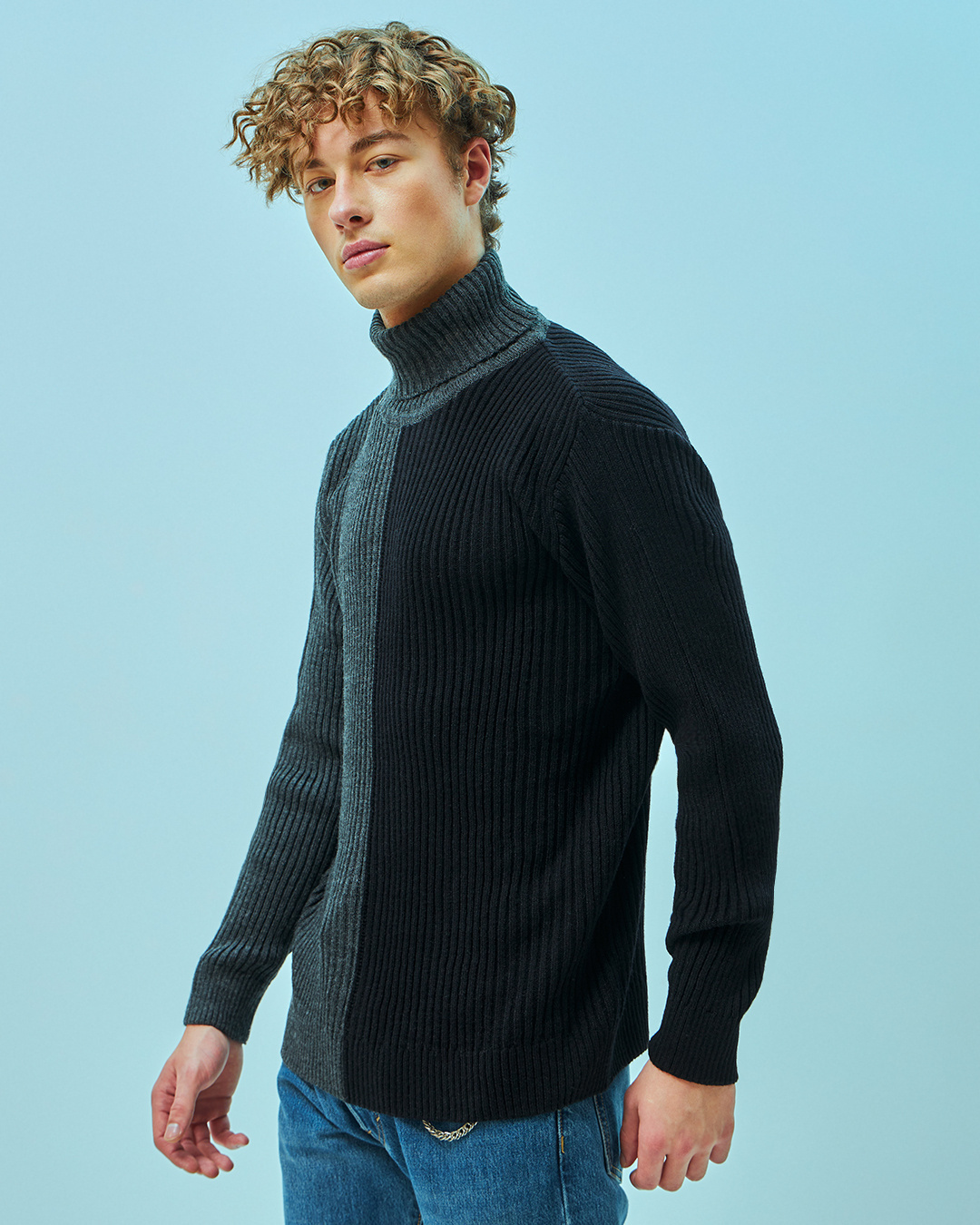 Shop Men's Grey Color Block Flat Knit Sweater-Back