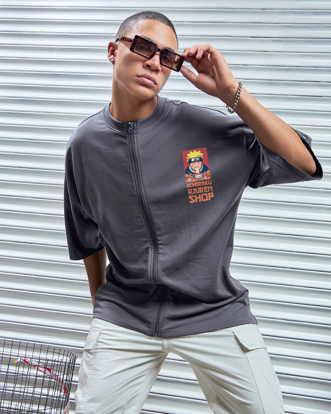 Shop Men's Grey Ramen Lover Graphic Print Oversized T-shirt-Back