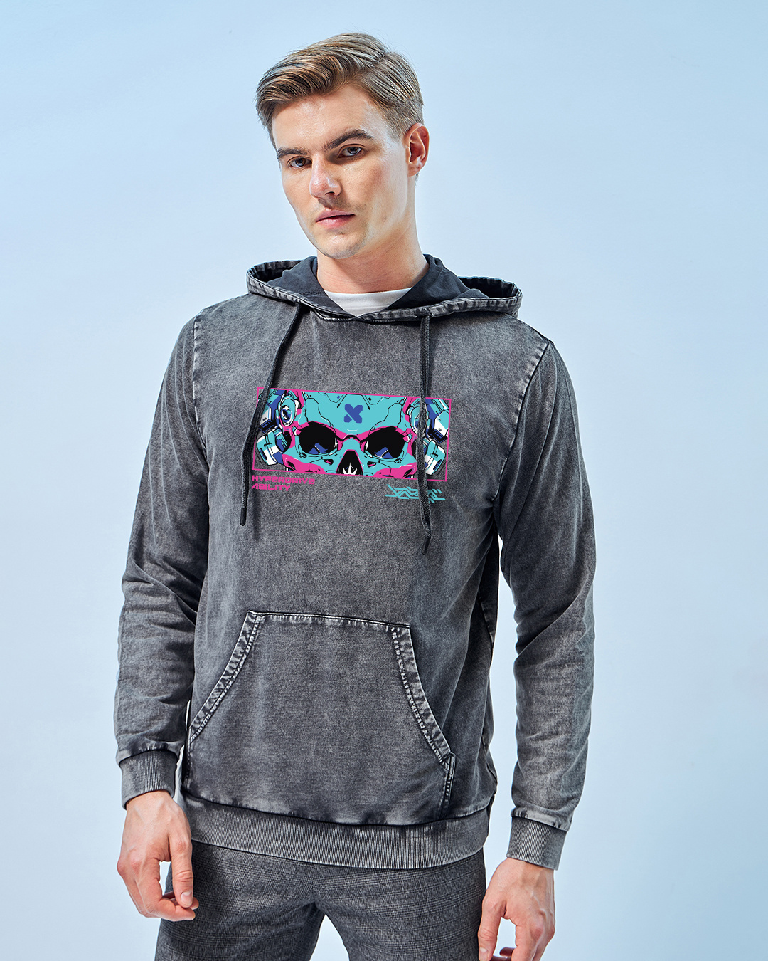 Shop Men's Grey Cyber Punk Graphic Printed Hoodies-Back