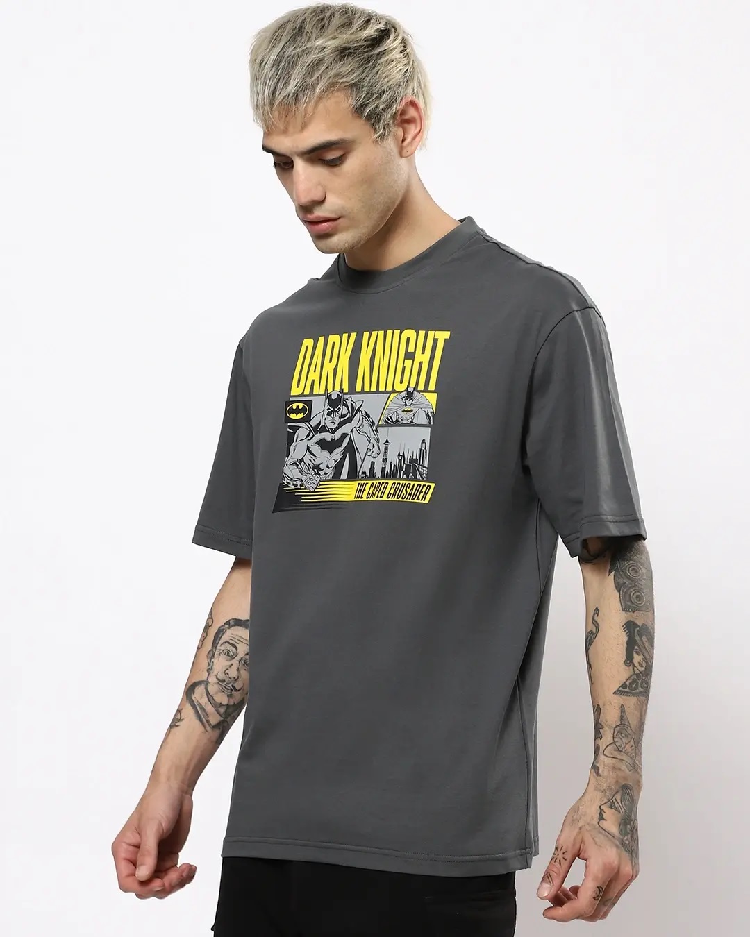 Shop Men's Grey Dark Knight Oversized Graphic Print T-shirt-Back