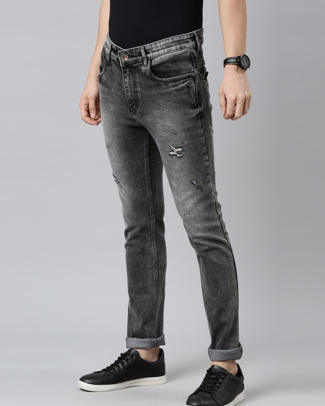 Shop Men's Grey Distressed Slim Fit Jeans-Back
