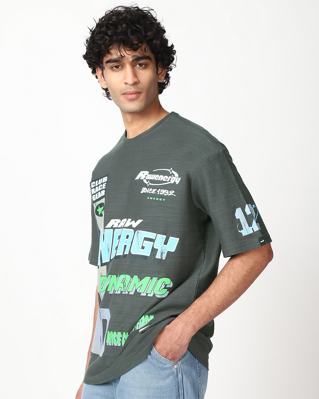 Shop Men's Grey Energy Varsity Graphic Printed Oversized T-shirt-Back