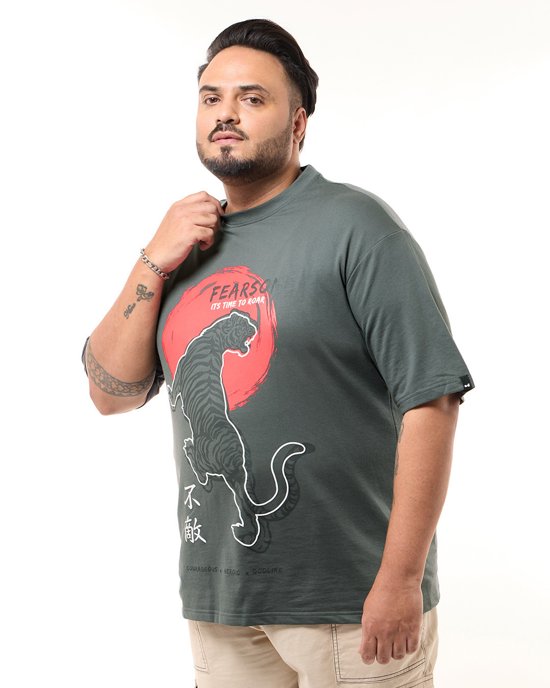 Shop Men's Grey Fearsome Graphic Printed Oversized Plus Size T-shirt-Back