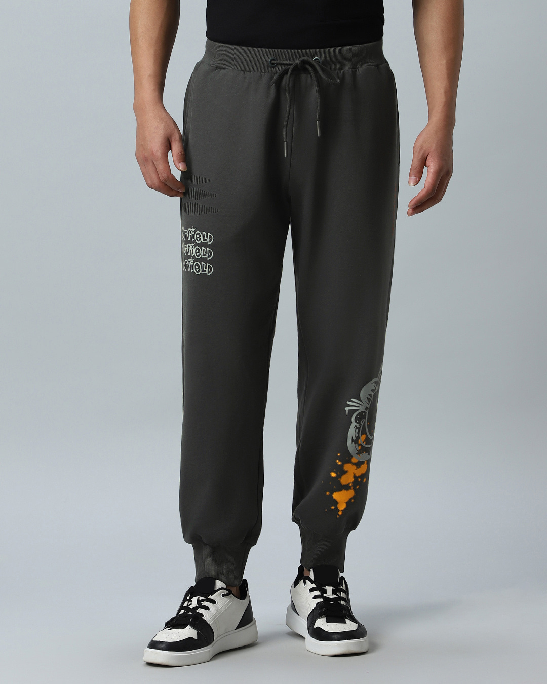 Buy Men s Grey Graffiti Garfield Printed Super Loose Fit Joggers