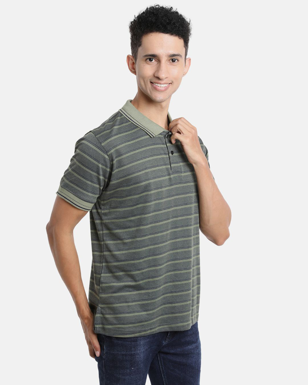 Shop Men's Grey & Green Striped Cotton Polo T-shirt-Back