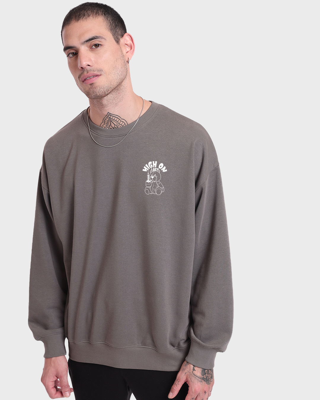 Shop Men's Grey High On Life Graphic Printed Oversized Sweatshirt-Back