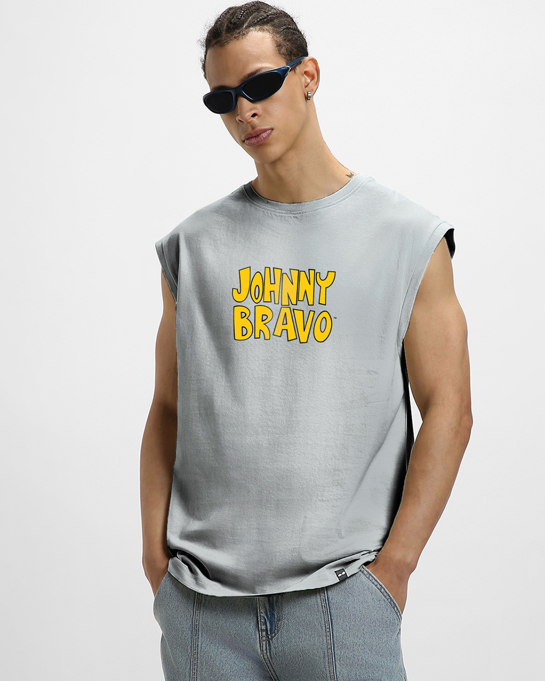 Shop Men's Grey Johnny Bravo Graphic Printed Boxy Fit Vest-Back