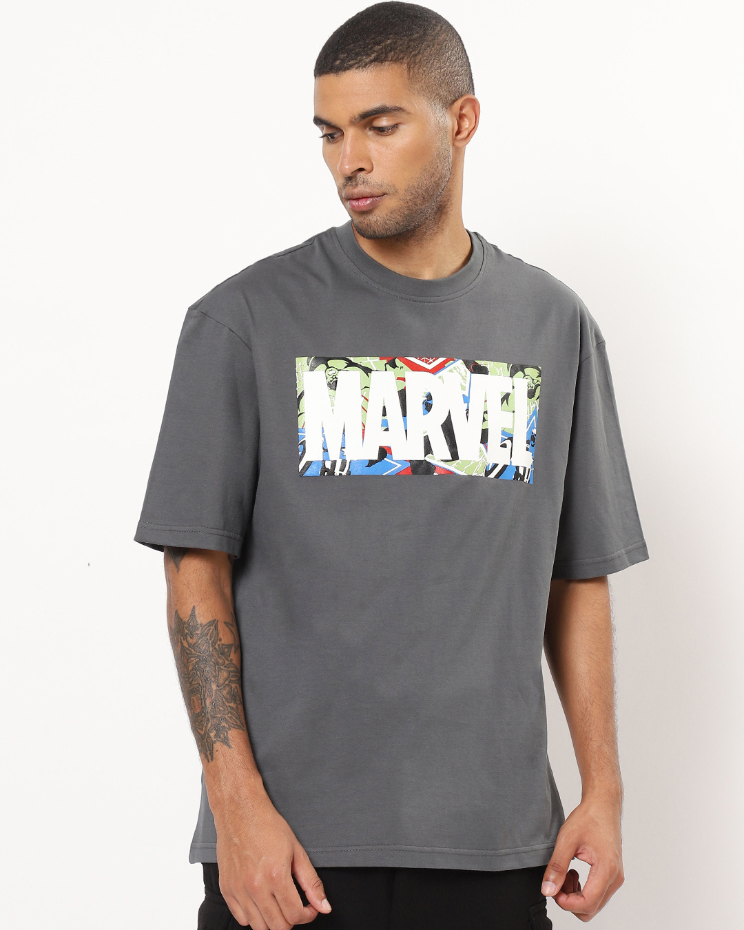 Shop Men's Grey Marvel Typography Oversized Fit T-shirt-Back
