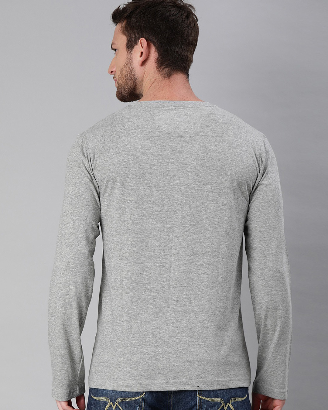 Shop Men's Grey Melange Full Sleeve V Neck T-shirt-Back