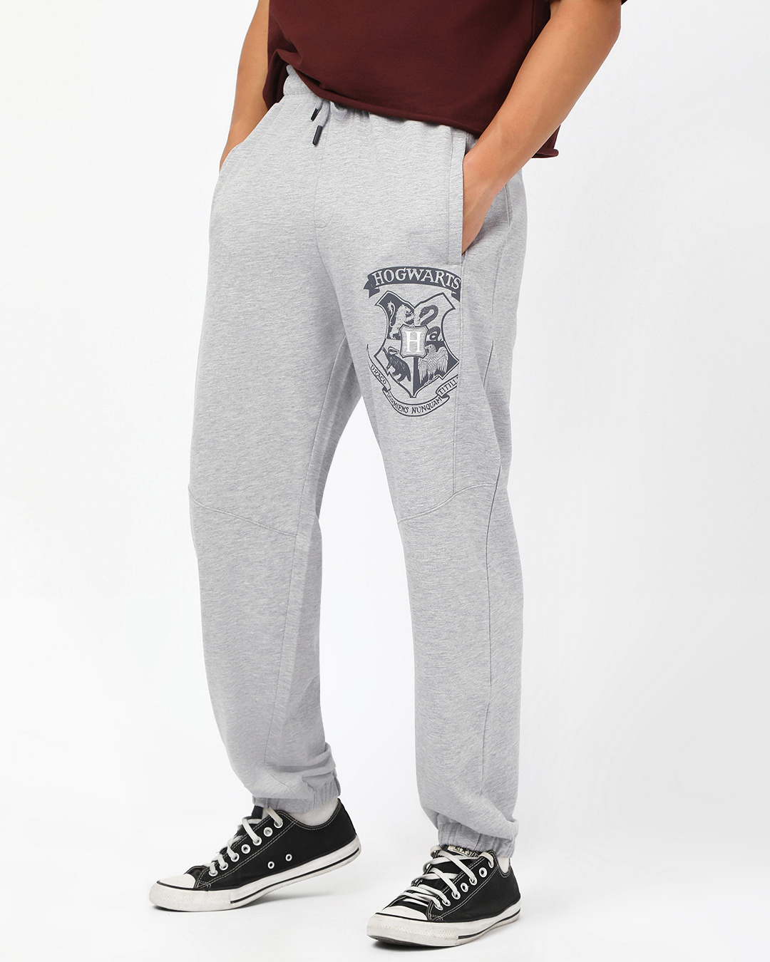 Shop Men's Grey Melange Hogwarts Graphic Printed Oversized Joggers-Back