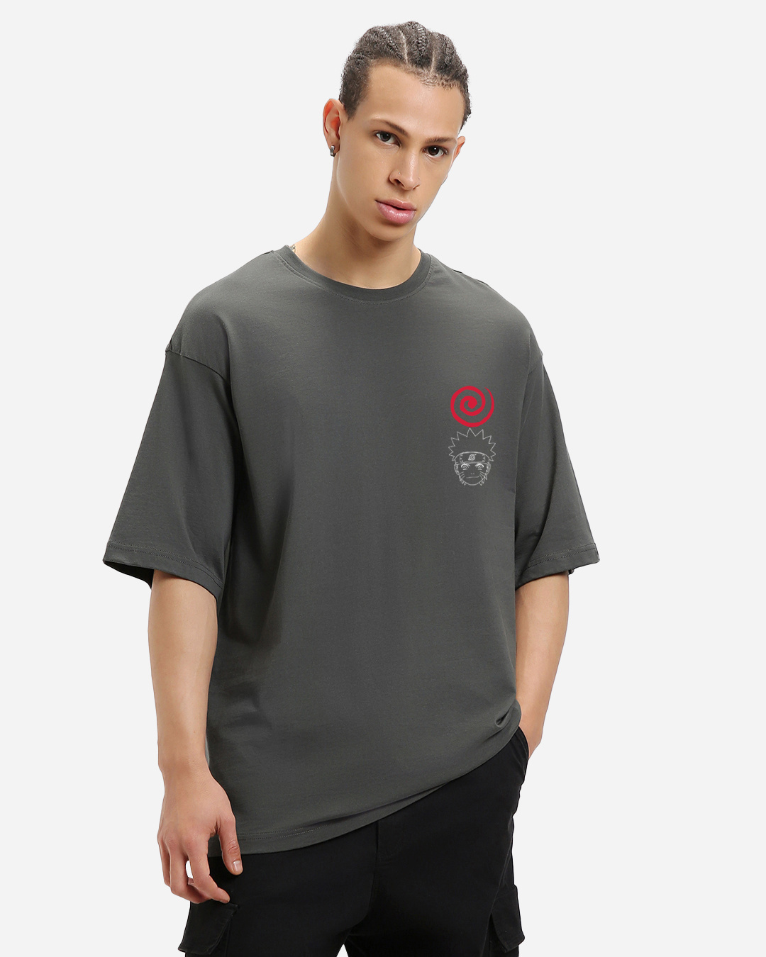 Shop Men's Grey Naruto Jump Graphic Printed Super Loose Fit T-shirt-Back