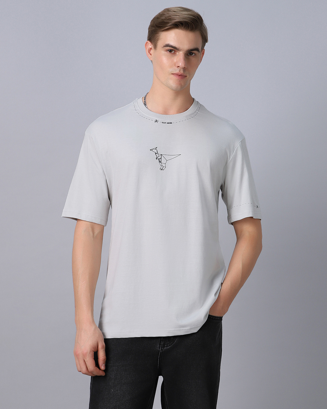 Shop Men's Grey Orig Graphic Printed Oversized T-shirt-Back