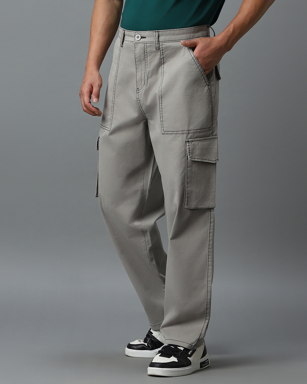 Shop Men's Grey Oversized Cargo Pants-Back