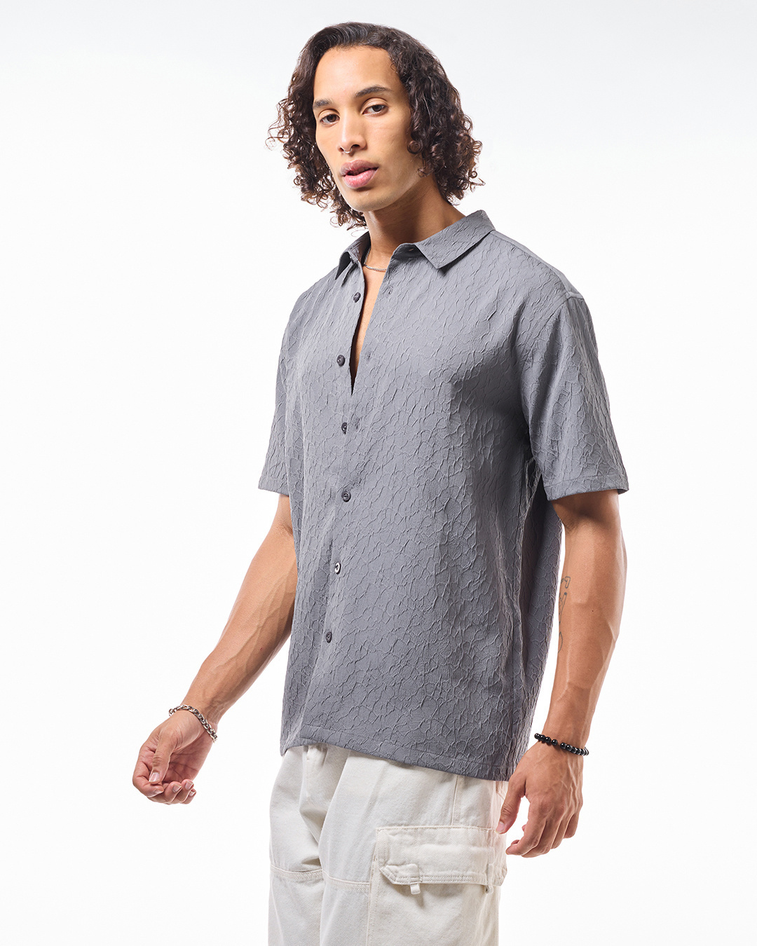 Shop Men's Grey Textured Oversized Shirt-Back