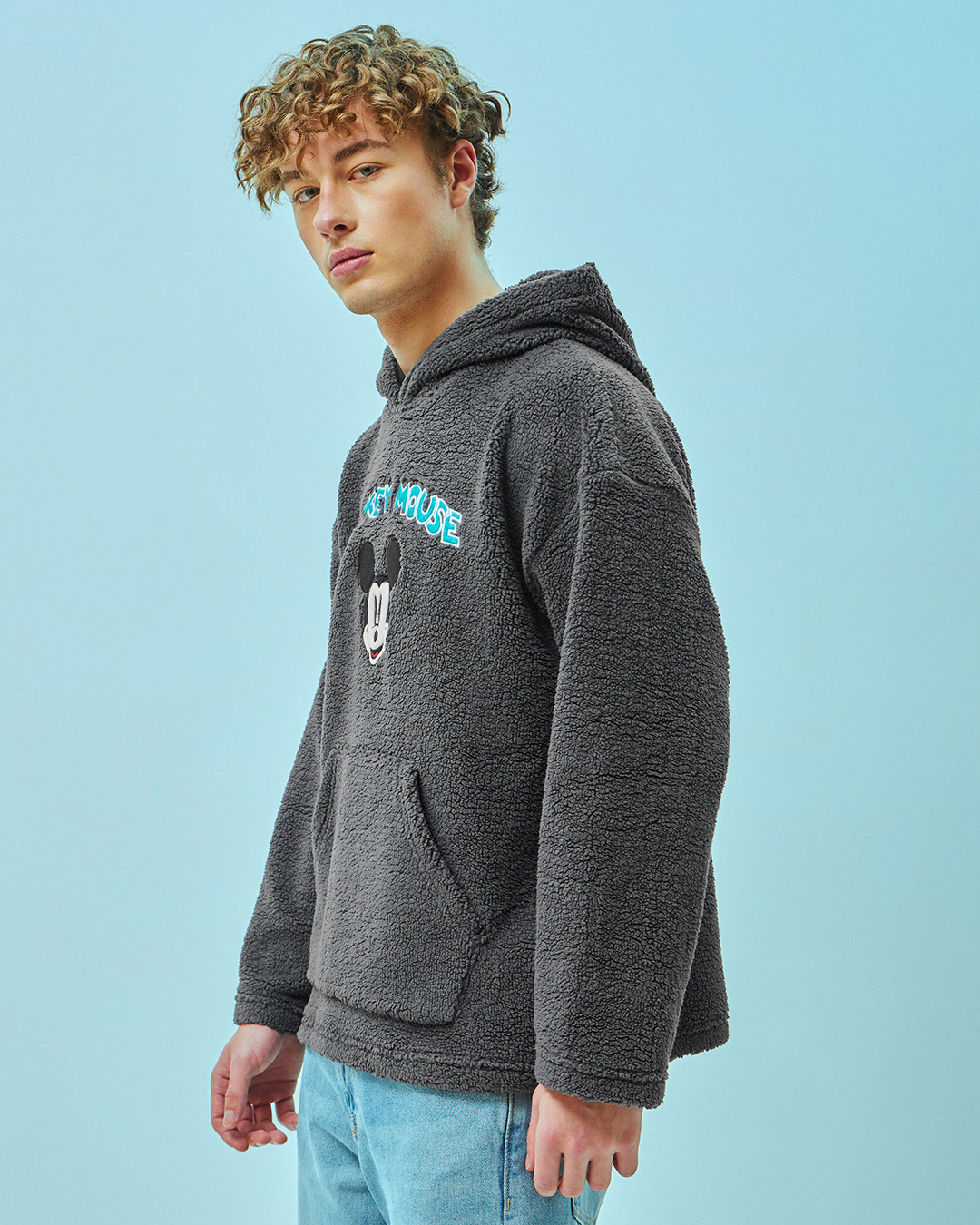 Shop Men's Grey Mickey Graphic Printed Oversized Hoodies-Back