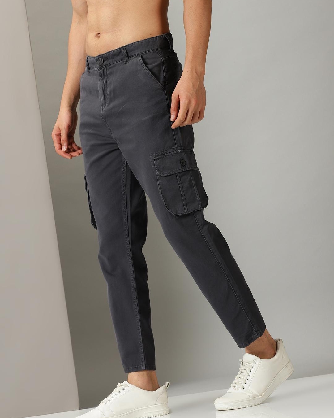 Shop Men's Grey Relaxed Fit Cargo Trousers-Back