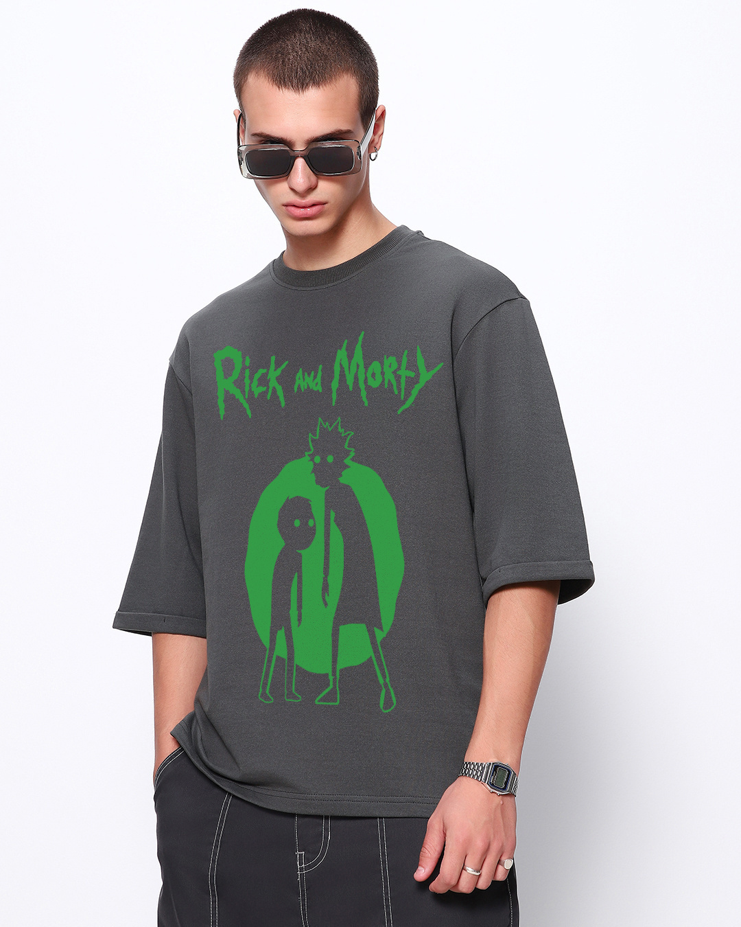 Shop Men's Grey Rick and Morty Graphic Printed Oversized T-shirt-Back