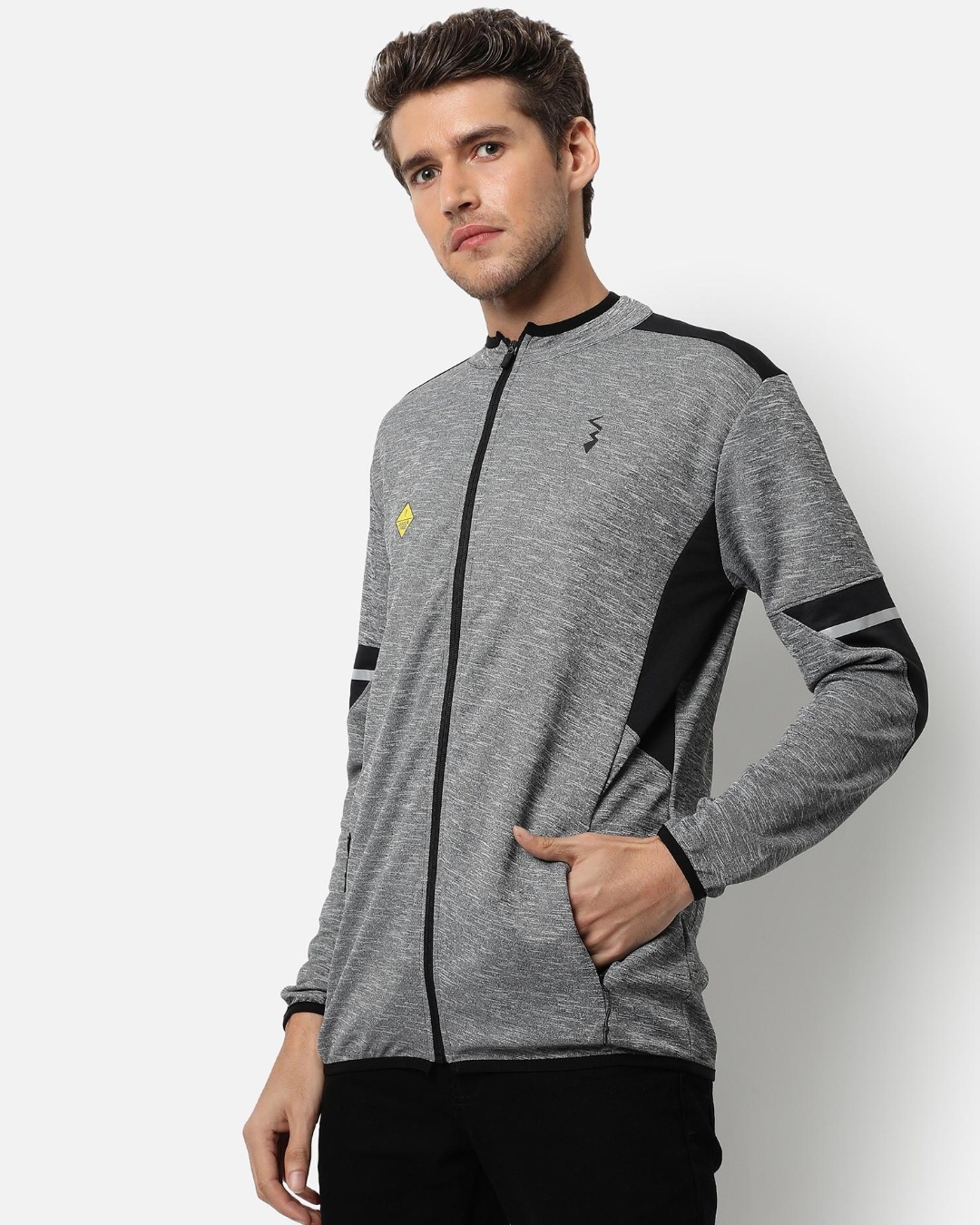 Shop Men's Grey and Black Color Block Jacket-Back