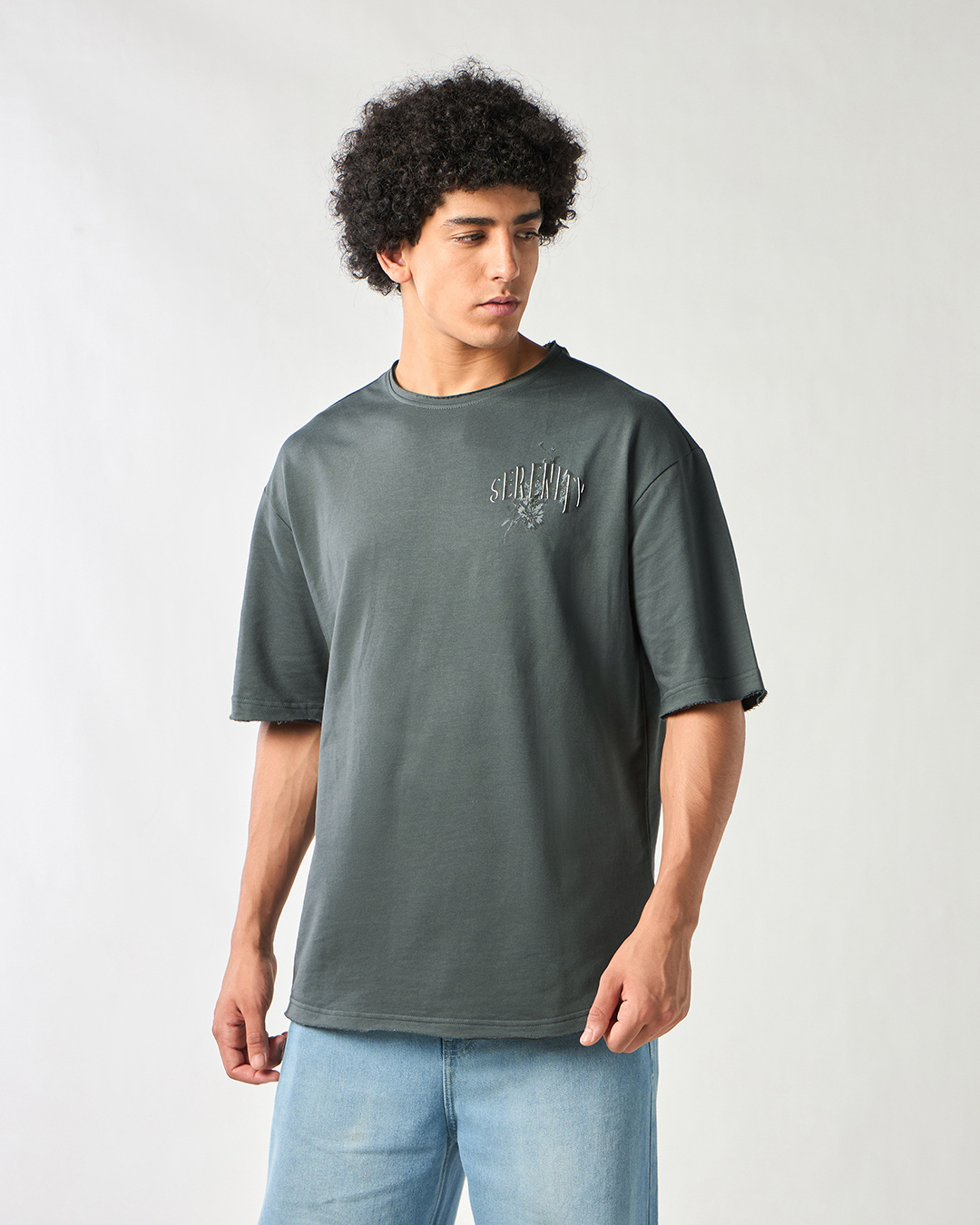 Shop Men's Grey Serenity Graphic Printed Oversized T-shirt-Back