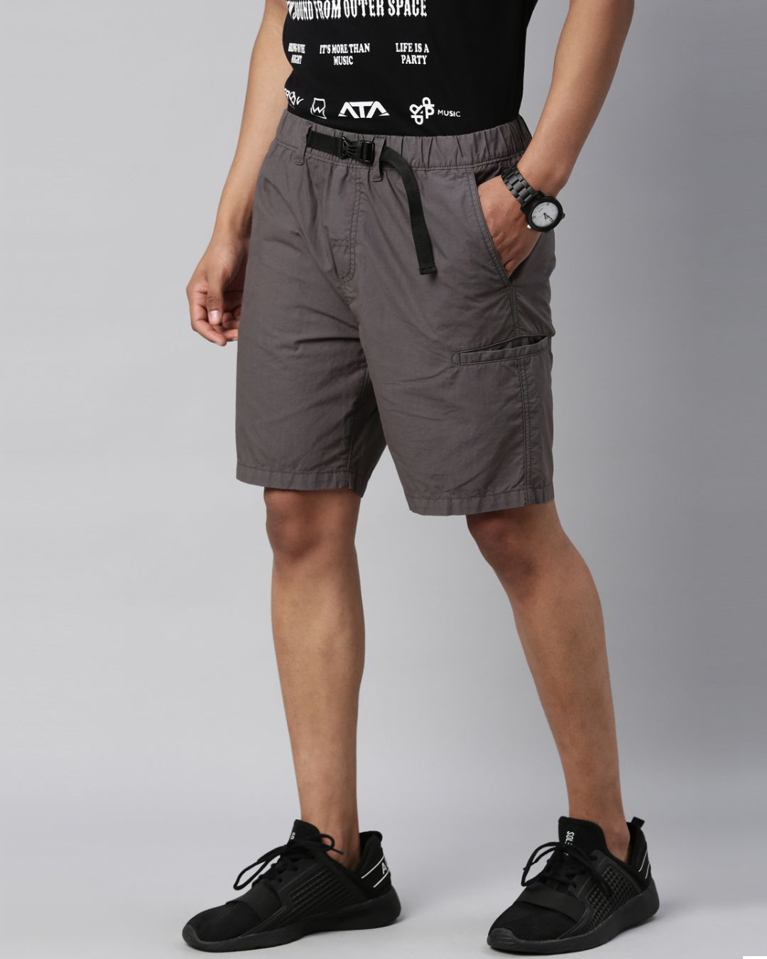 Shop Men's Grey Slim Fit Cotton Shorts-Back