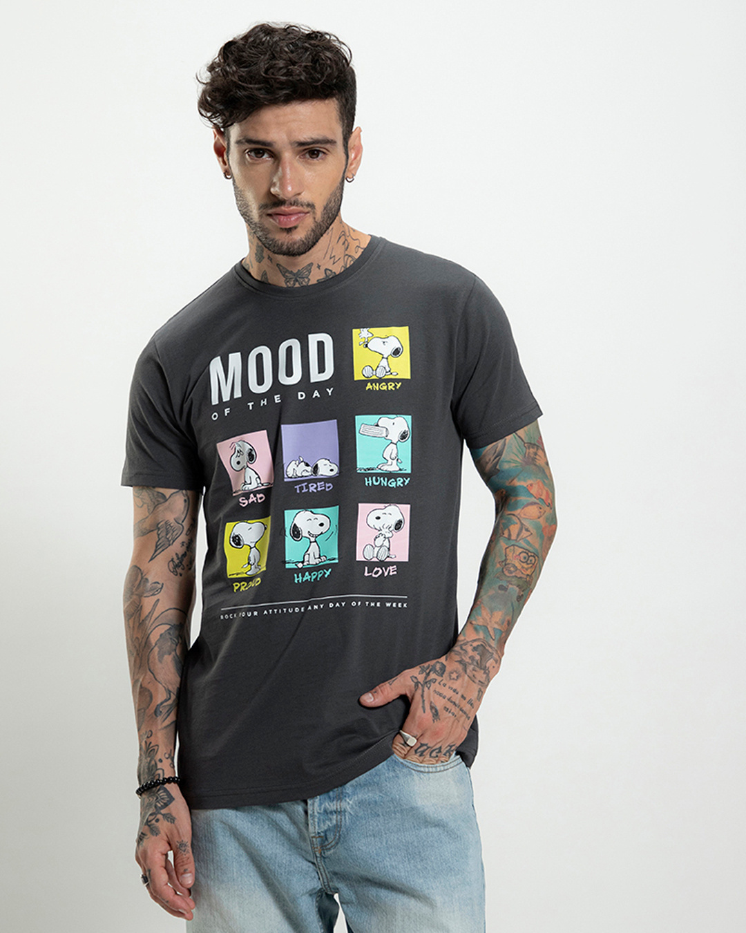 Shop Men's Grey Snoopy Mood Graphic Printed T-shirt-Back
