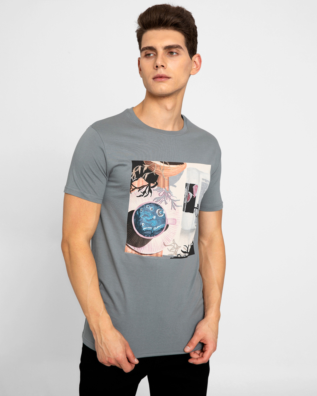 Shop Men's Grey Starry Night Graphic Printed Slim Fit T-shirt-Back