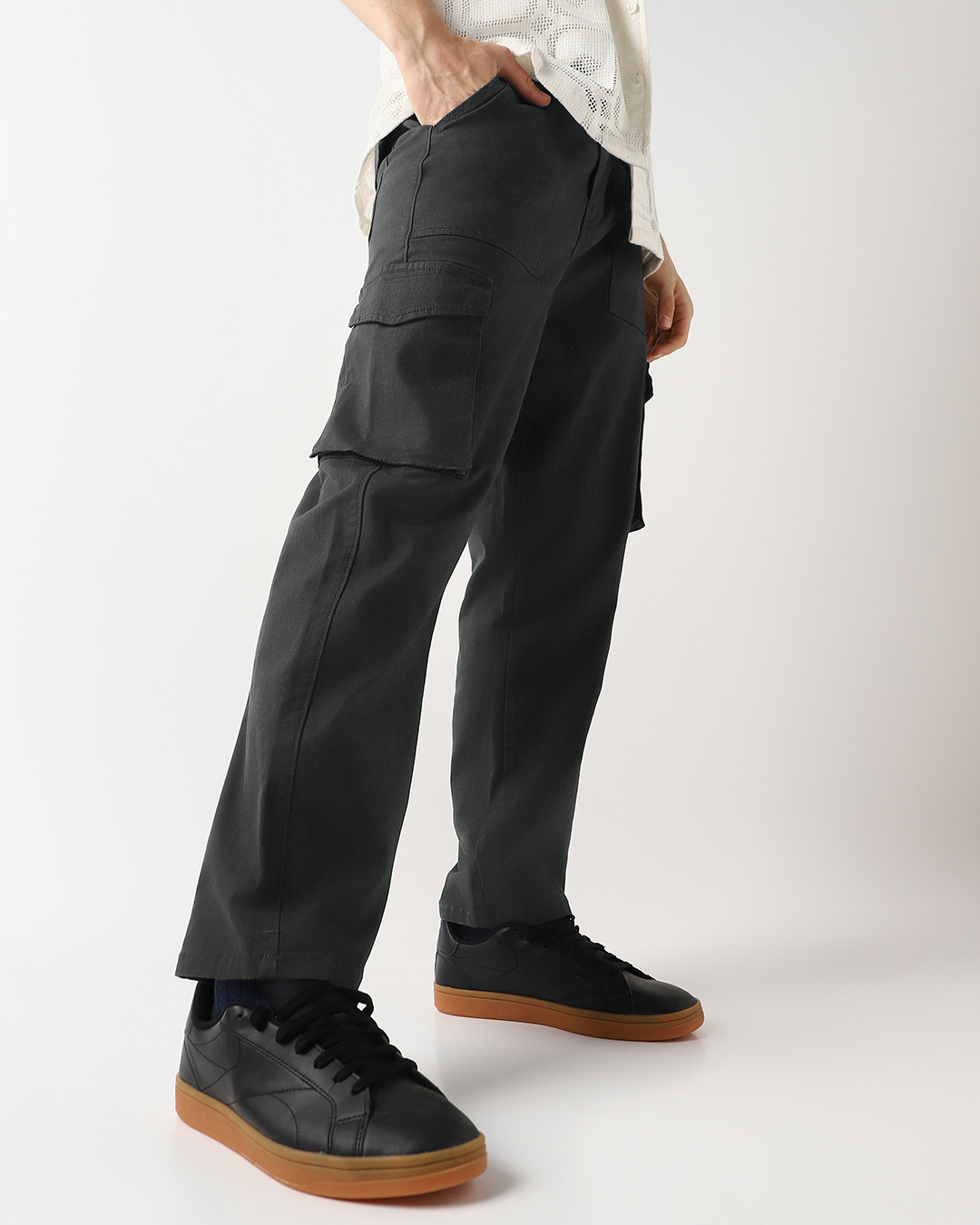 Shop Men's Grey Straight Fit Cargo Pants-Back