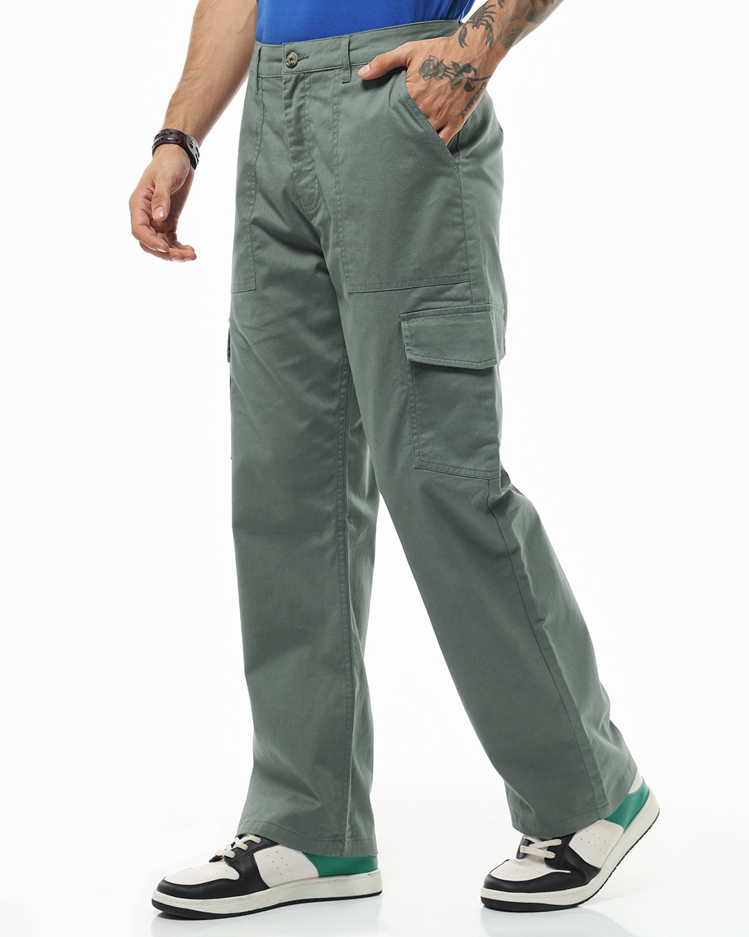 Shop Men's Grey Straight Fit Cargo Pants-Back