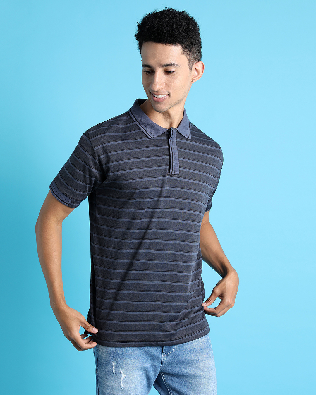 Shop Men's Grey Striped Cotton Polo T-shirt-Back