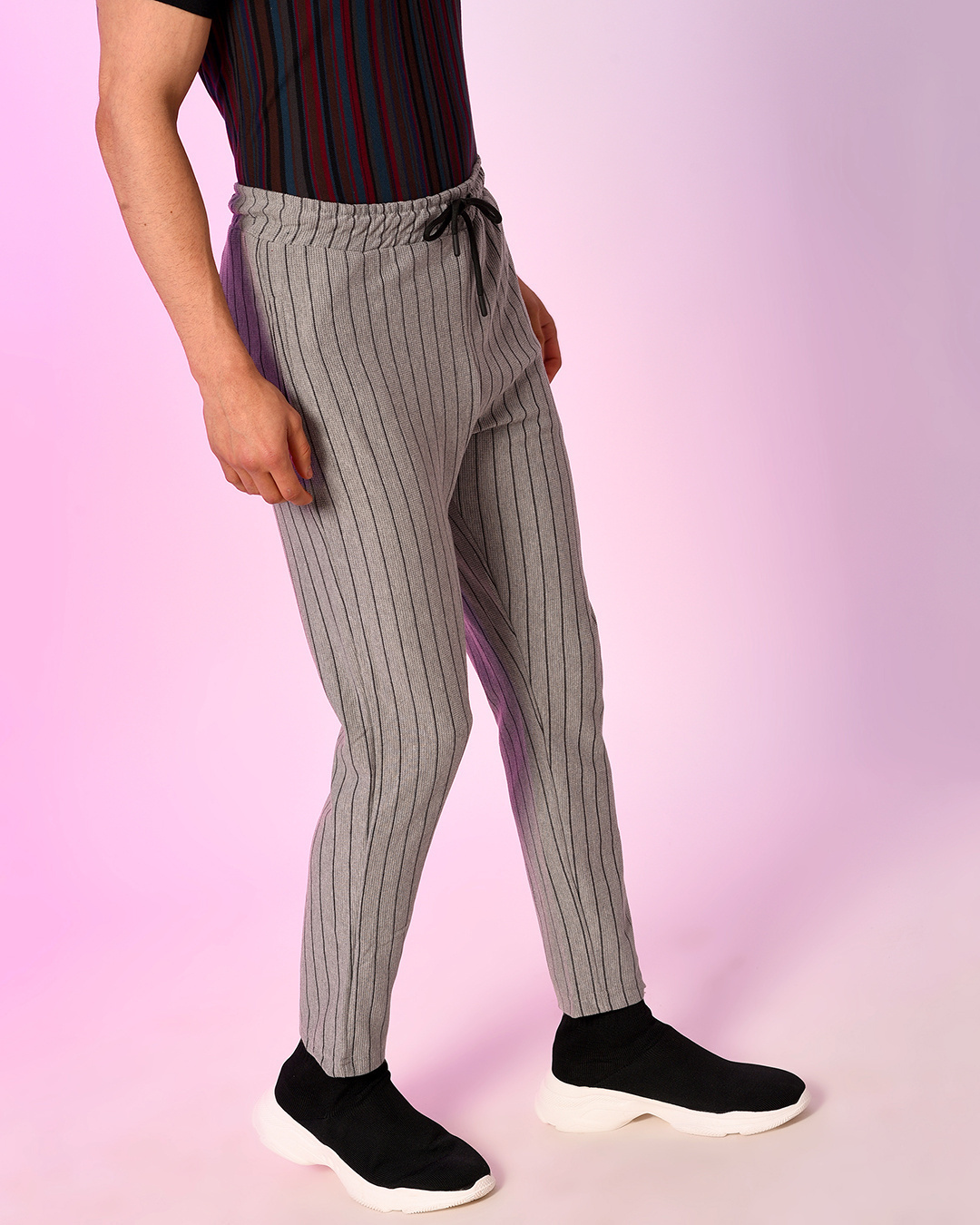 Shop Men's Grey Striped Drawstring Track Pants-Back