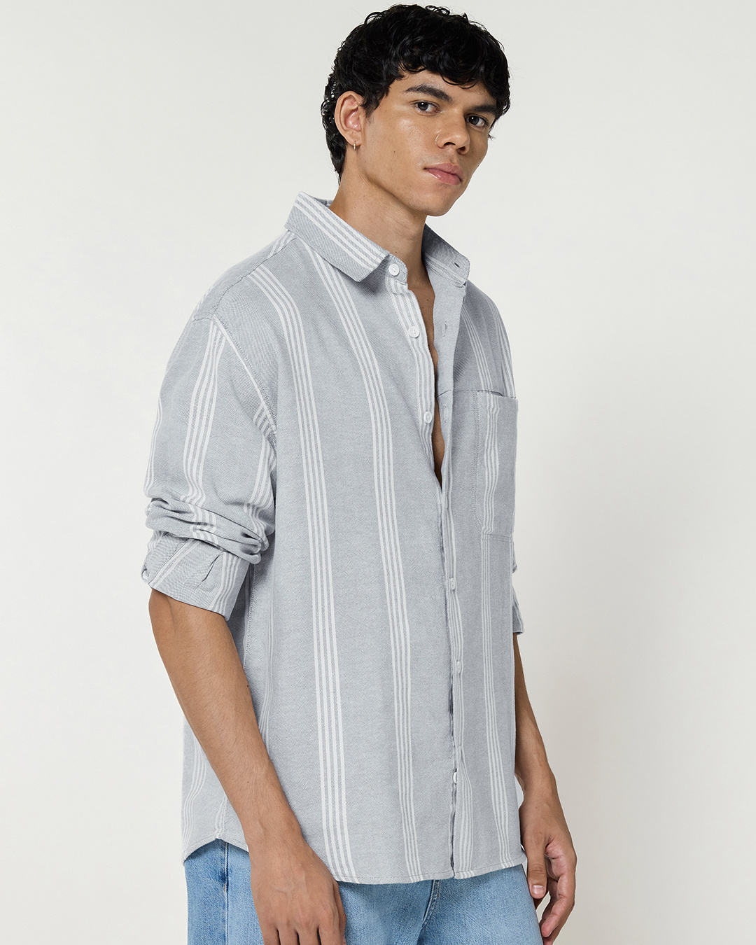 Shop Men's Grey Striped Oversized Shirt-Back