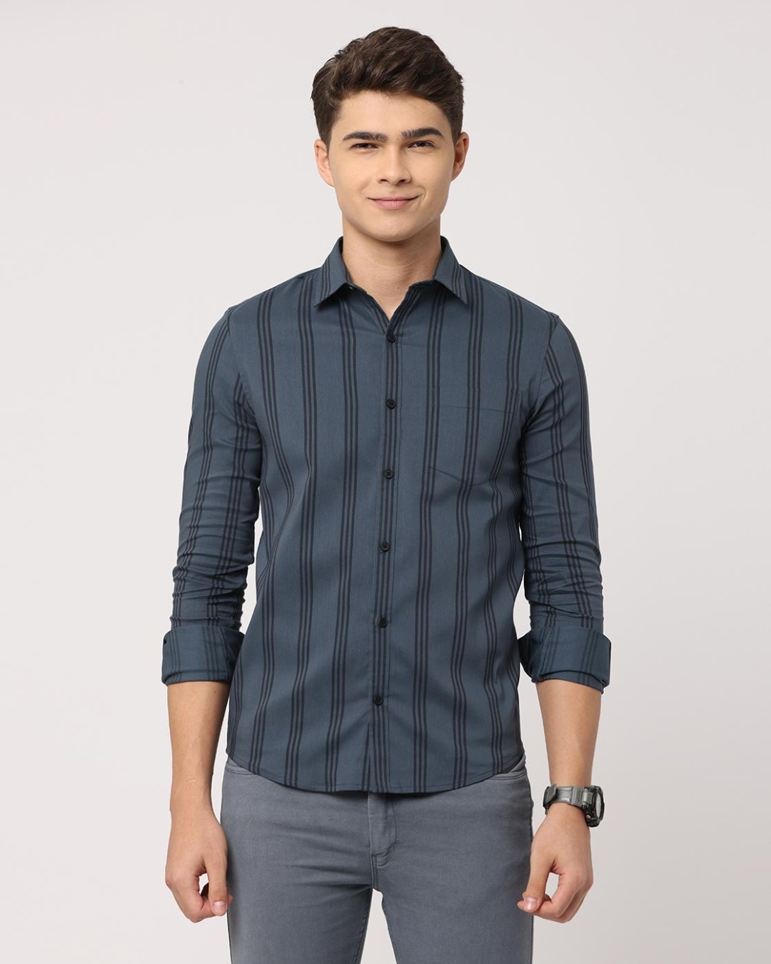 Buy Men's Grey Striped Slim Fit Shirt Online at Bewakoof