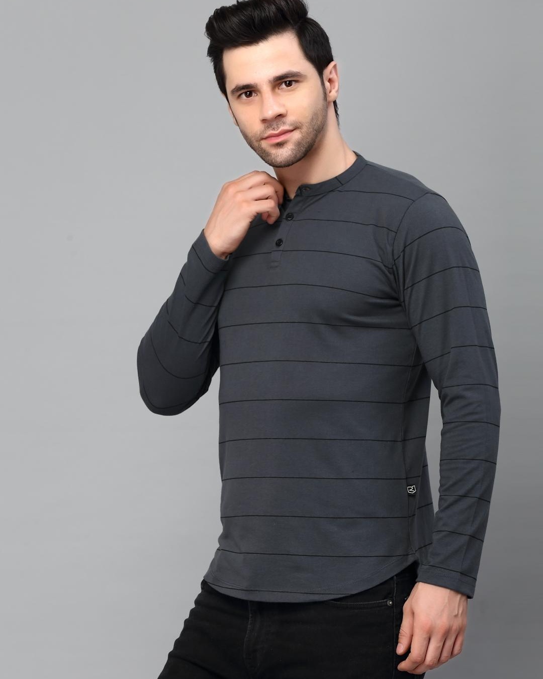 Shop Men's Grey Striped Slim Fit T-shirt-Back
