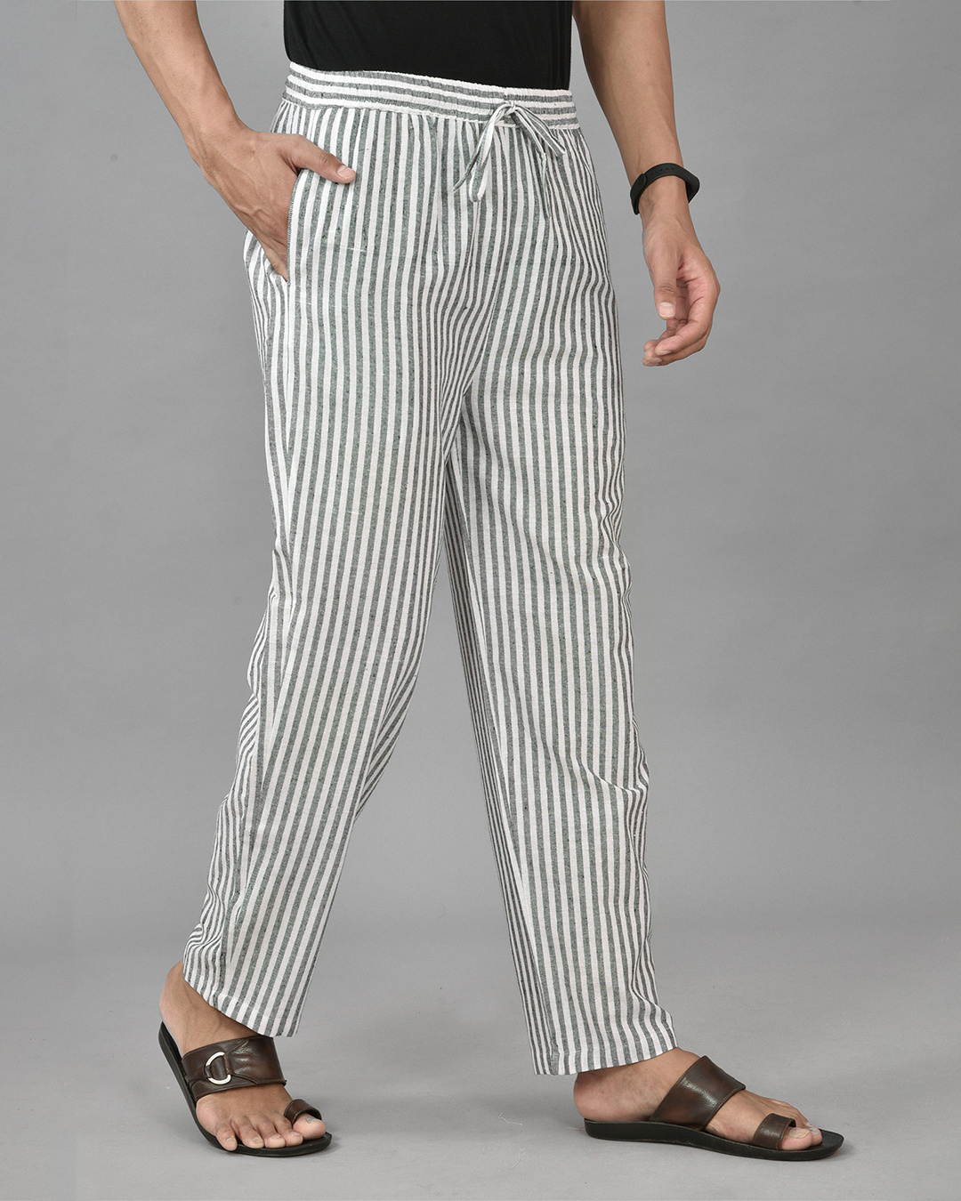 Shop Men's Grey Striped Casual Pants-Back