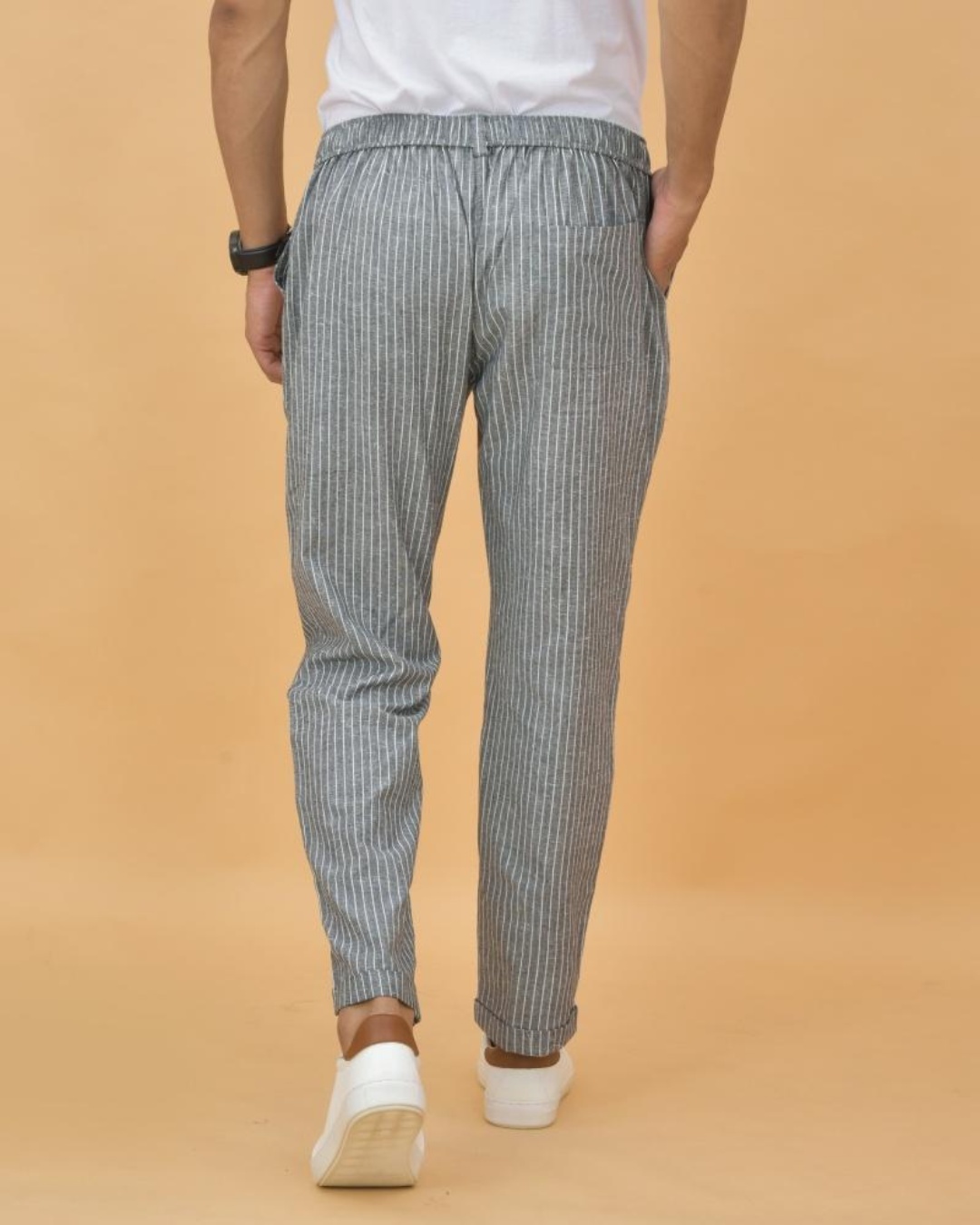 Linen Formal Wear Men Grey Slim Fit Stripe Trouser